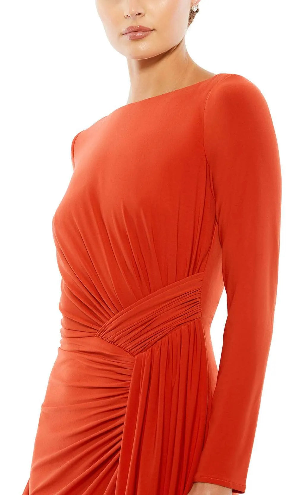 Orange Long Sleeve Evening Dresses with Boat Neckline Intricate Ruched Bodice Asymmetric Draped Skirt and Floor Length Silhouette for Formal
