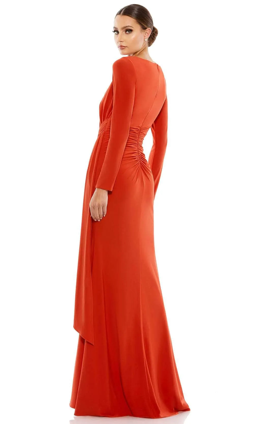 Orange Long Sleeve Evening Dresses with Boat Neckline Intricate Ruched Bodice Asymmetric Draped Skirt and Floor Length Silhouette for Formal