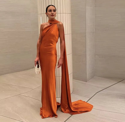 Beautiful Timeless Special Occasion Sophisticated Elegant Orange Satin Halter Long Evening Dress