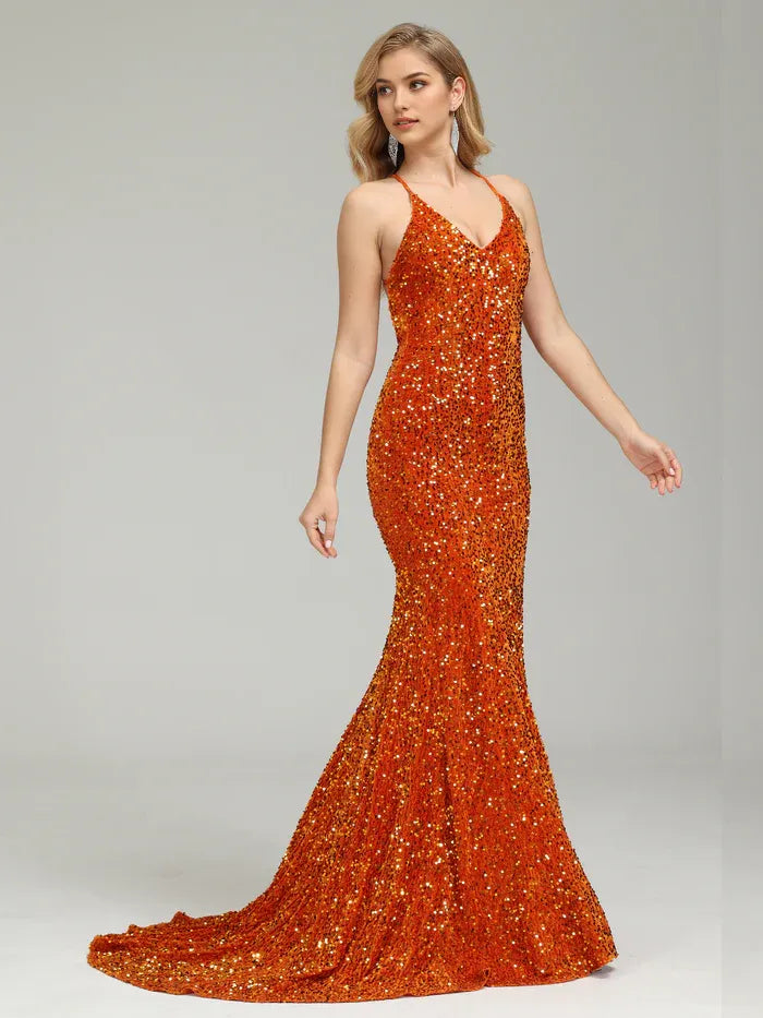 Orange long backless Prom Dresses With Attached Train