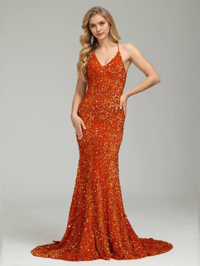 Orange long backless Prom Dresses With Attached Train