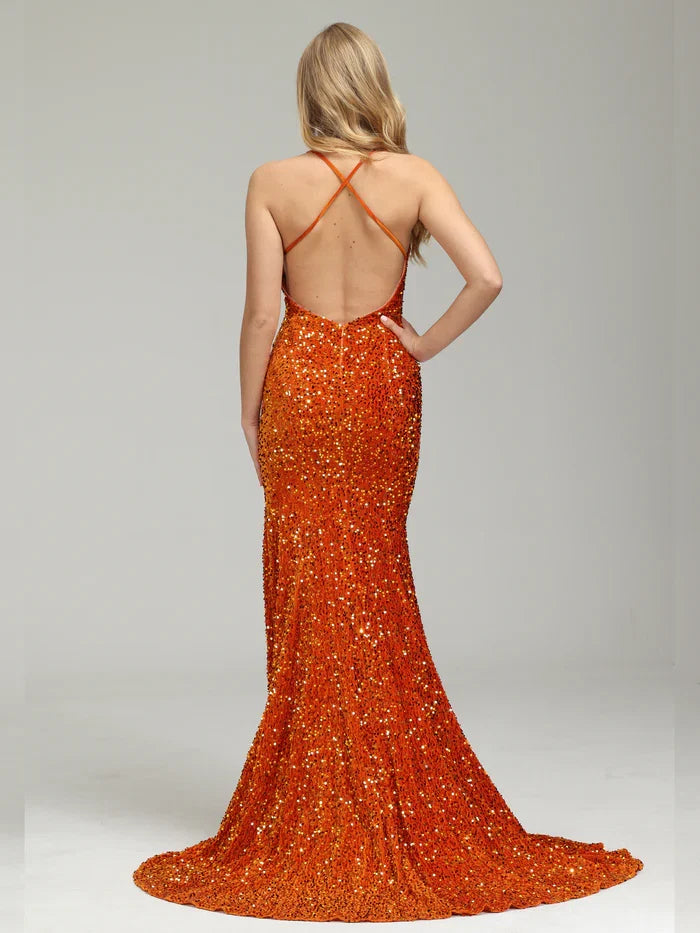 Orange long backless Prom Dresses With Attached Train