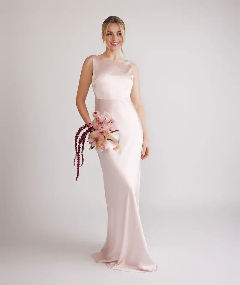 Special Occasion Sophisticated Graceful Stylish Elegant Champagne Satin Cowl Sleeveless Bridesmaid Dress