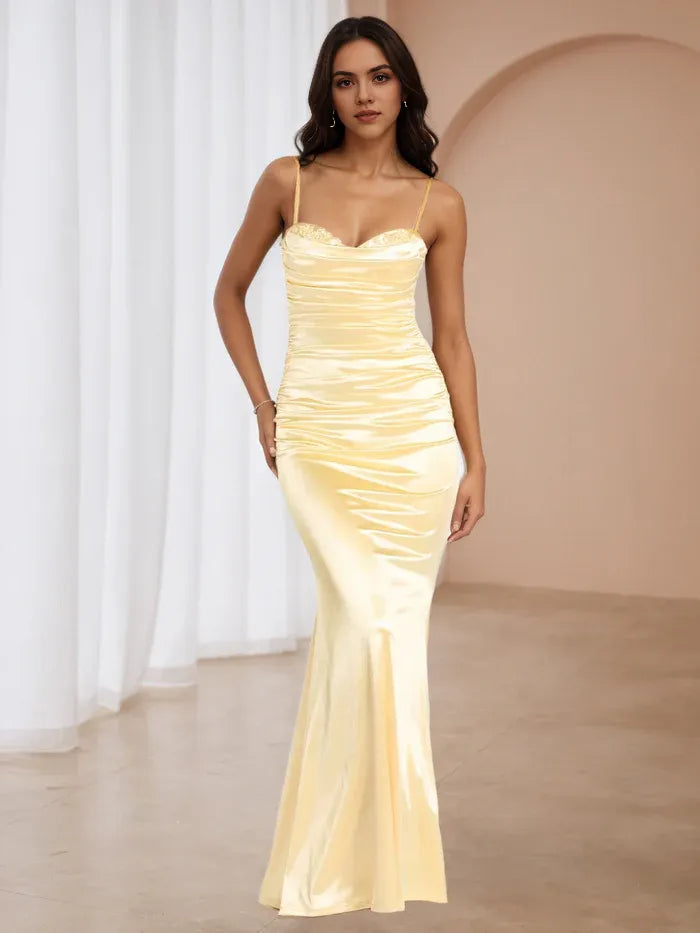 Yellow Pale Like Prom Dress Spaghetti Straps Column Mermaid Skirt Understated Luxury for Minimalist Galas
