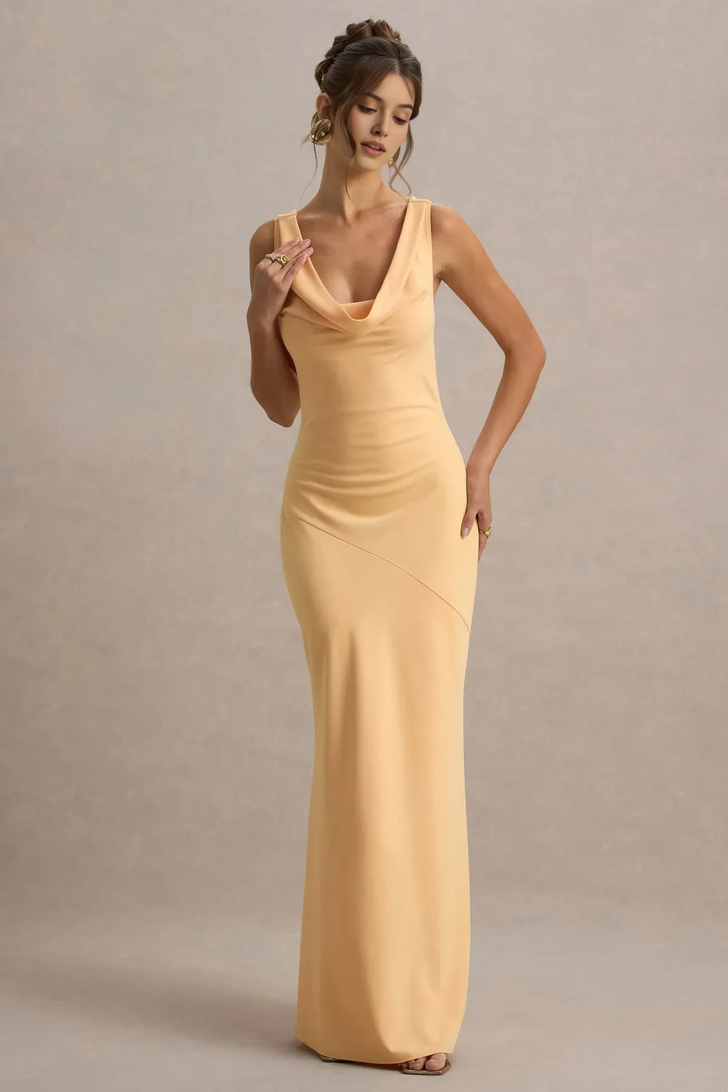 Peach Cowl Neck Prom Dress Sleeveless Body Conscious Fit Asymmetric Seam for Sophisticated Nights