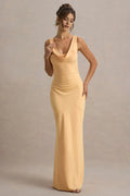 Peach Cowl Neck Prom Dress Sleeveless Body Conscious Fit Asymmetric Seam for Sophisticated Nights