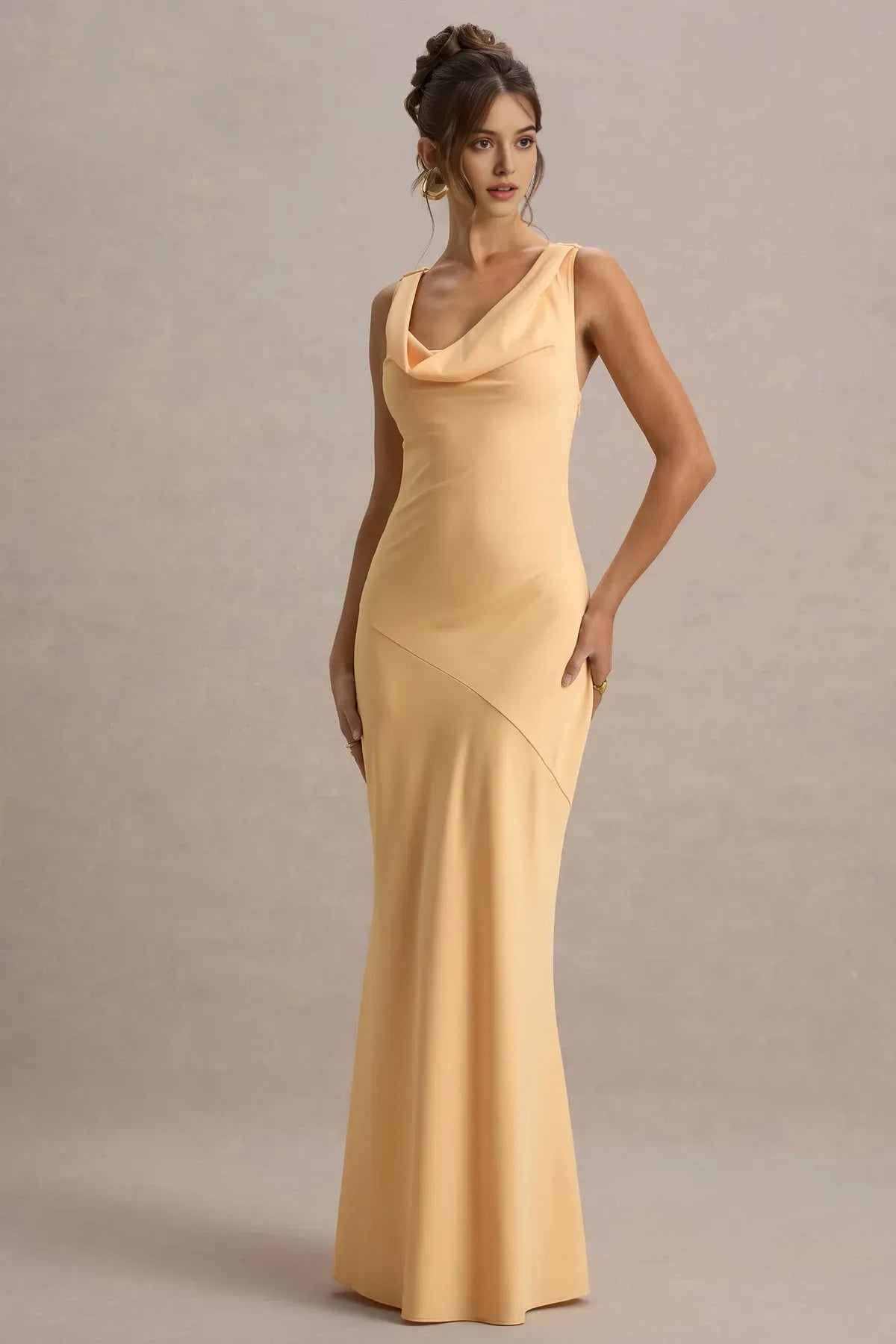Peach Cowl Neck Prom Dress Sleeveless Body Conscious Fit Asymmetric Seam for Sophisticated Nights