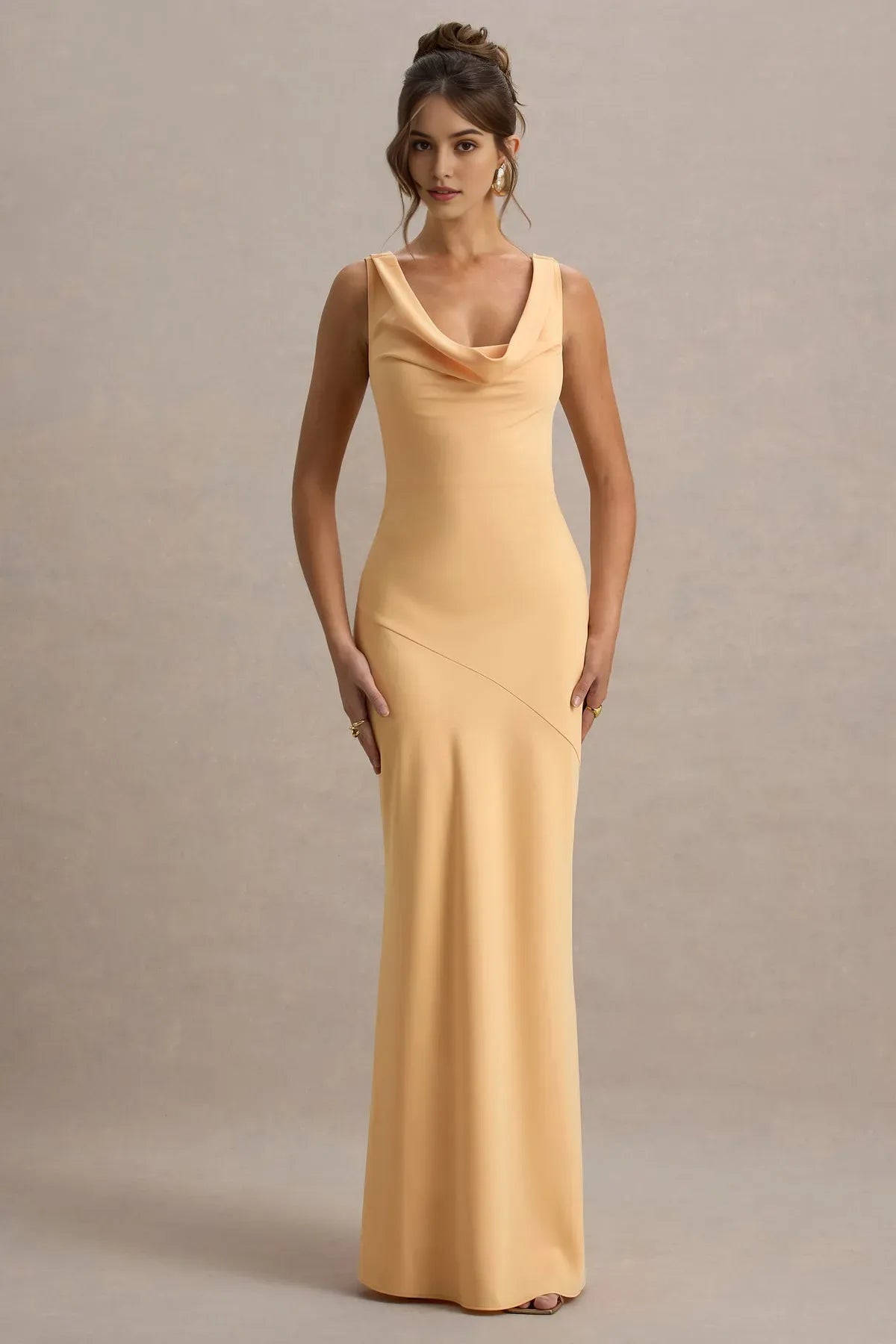 Peach Cowl Neck Prom Dress Sleeveless Body Conscious Fit Asymmetric Seam for Sophisticated Nights