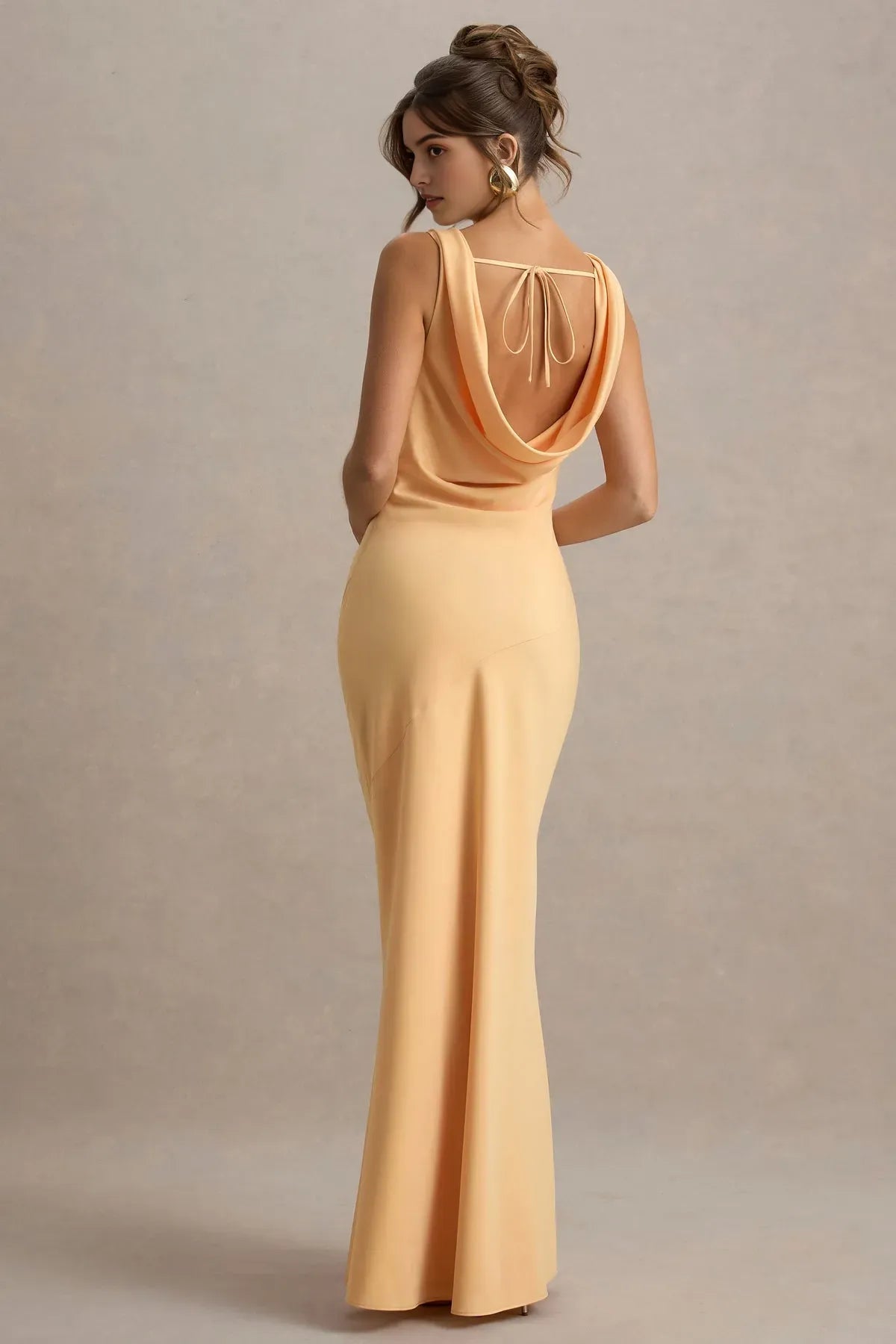 Peach Cowl Neck Prom Dress Sleeveless Body Conscious Fit Asymmetric Seam for Sophisticated Nights