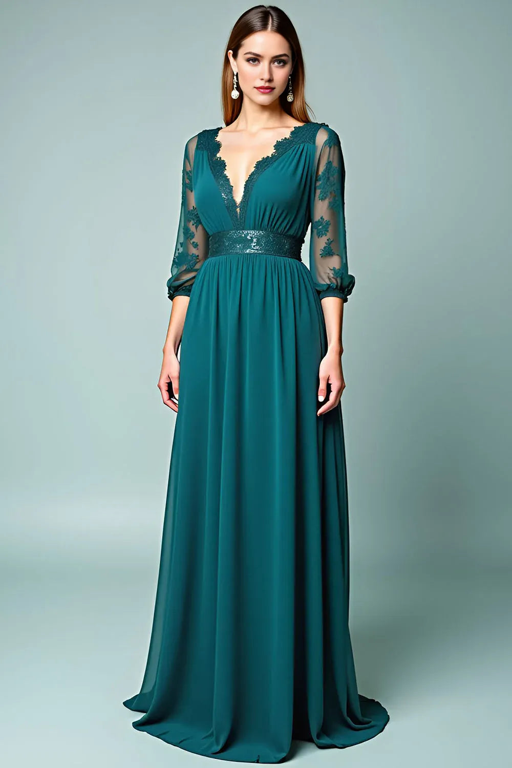 Elegant Red Sheath Classic-Neck Long-Sleeve Classic-Back Floor-Length Mother-of-the-Bride Dress