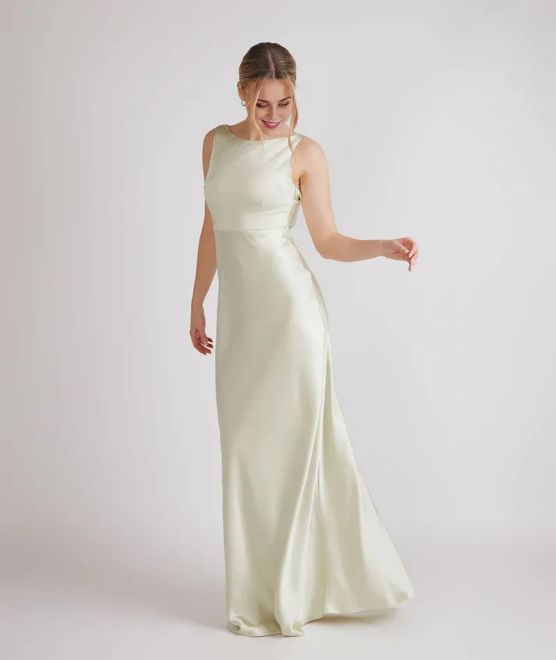Special Occasion Sophisticated Graceful Stylish Elegant Champagne Satin Cowl Sleeveless Bridesmaid Dress