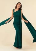 Pine Mermaid Pleated Mother of the Bride Dress with One - Shoulder Draped Sash Sleeves Ruched Bodice