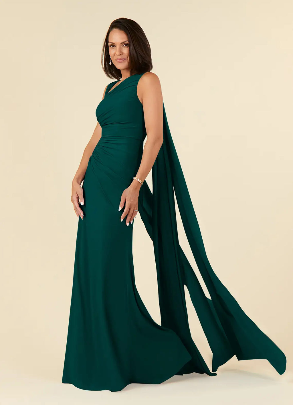 Pine Mermaid Pleated Mother of the Bride Dress with One - Shoulder Draped Sash Sleeves Ruched Bodice