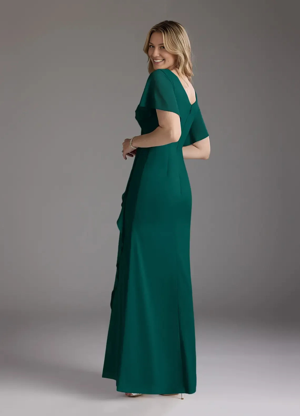Pine Mermaid V-Neck Pleated Mother of the Bride Dress with Flutter Sleeves Ruched Bodice Asymmetric