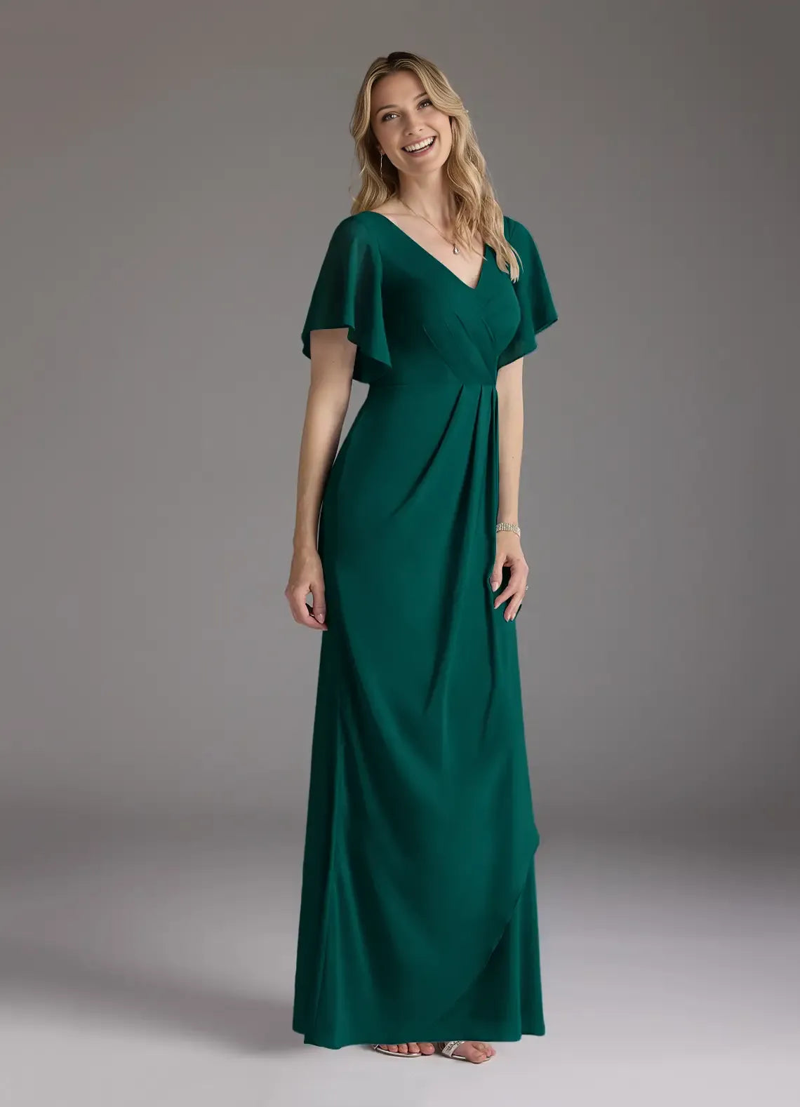 Pine Mermaid V-Neck Pleated Mother of the Bride Dress with Flutter Sleeves Ruched Bodice Asymmetric