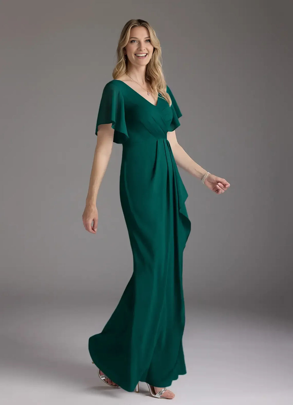Pine Mermaid V-Neck Pleated Mother of the Bride Dress with Flutter Sleeves Ruched Bodice Asymmetric