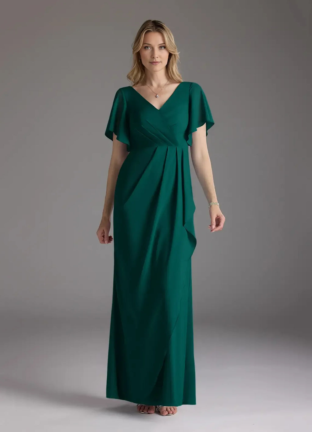 Pine Mermaid V-Neck Pleated Mother of the Bride Dress with Flutter Sleeves Ruched Bodice Asymmetric