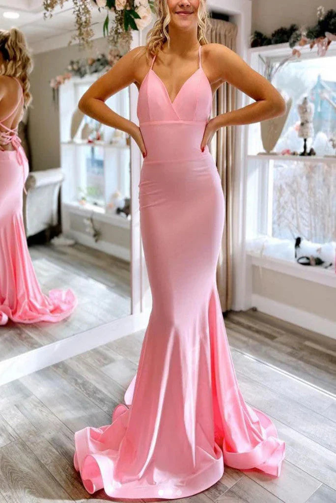 Evening Dress Mermaid Spaghetti Straps Prom Dresses Up Sweep Train