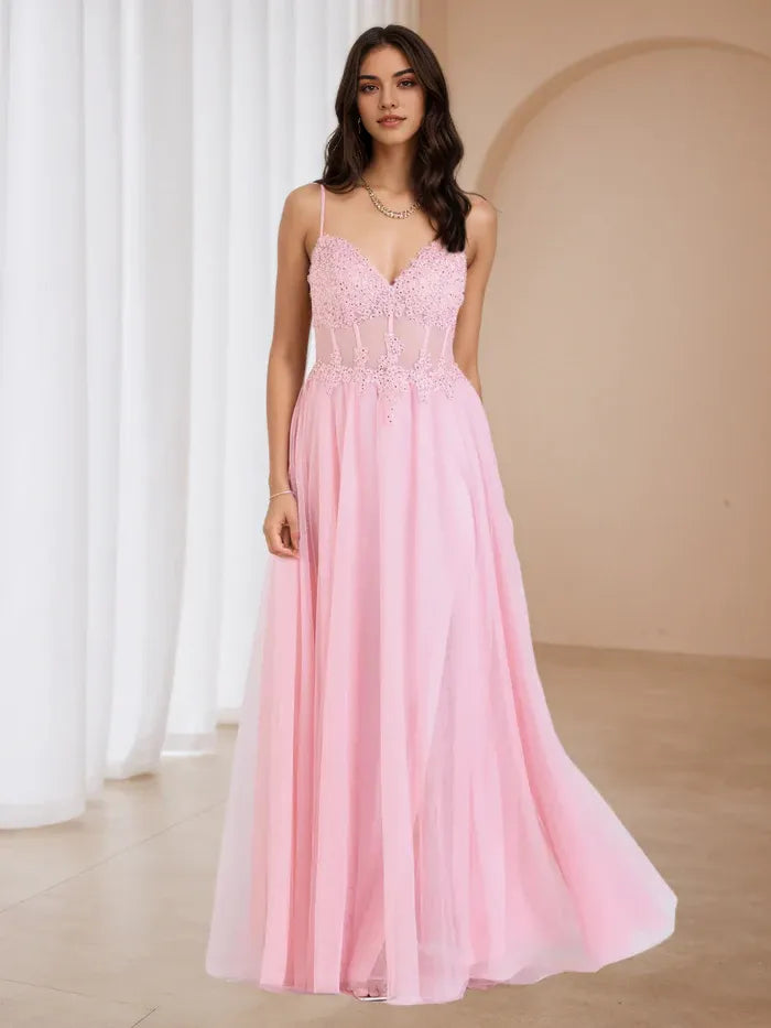 Pink Prom Dress Spaghetti Straps Bodice Flowy Skirt for Enchanting Nights
