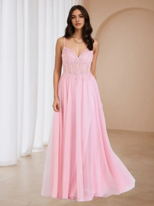 Elegant Pink Lace A-Line Classic-Neck Sleeveless Classic-Back Floor-Length Prom Dress