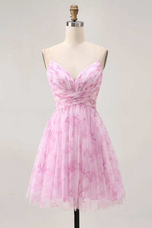 Elegant Pink Floral A-Line Classic-Neck Classic-Sleeve Lace-Up-Back Mini-Length Homecoming Dress