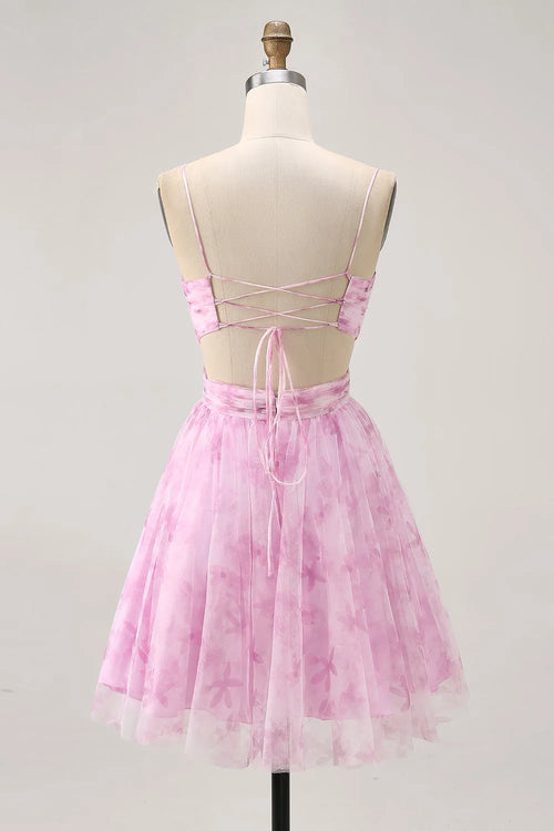Elegant Pink Floral A-Line Classic-Neck Classic-Sleeve Lace-Up-Back Mini-Length Homecoming Dress