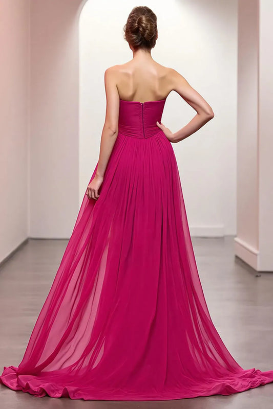 Elegant Pink Slit A-Line Strapless Classic-Sleeve Classic-Back Floor-Length Evening Dress