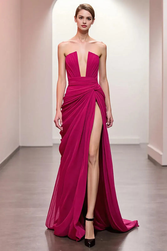 Elegant Pink Slit A-Line Strapless Classic-Sleeve Classic-Back Floor-Length Evening Dress