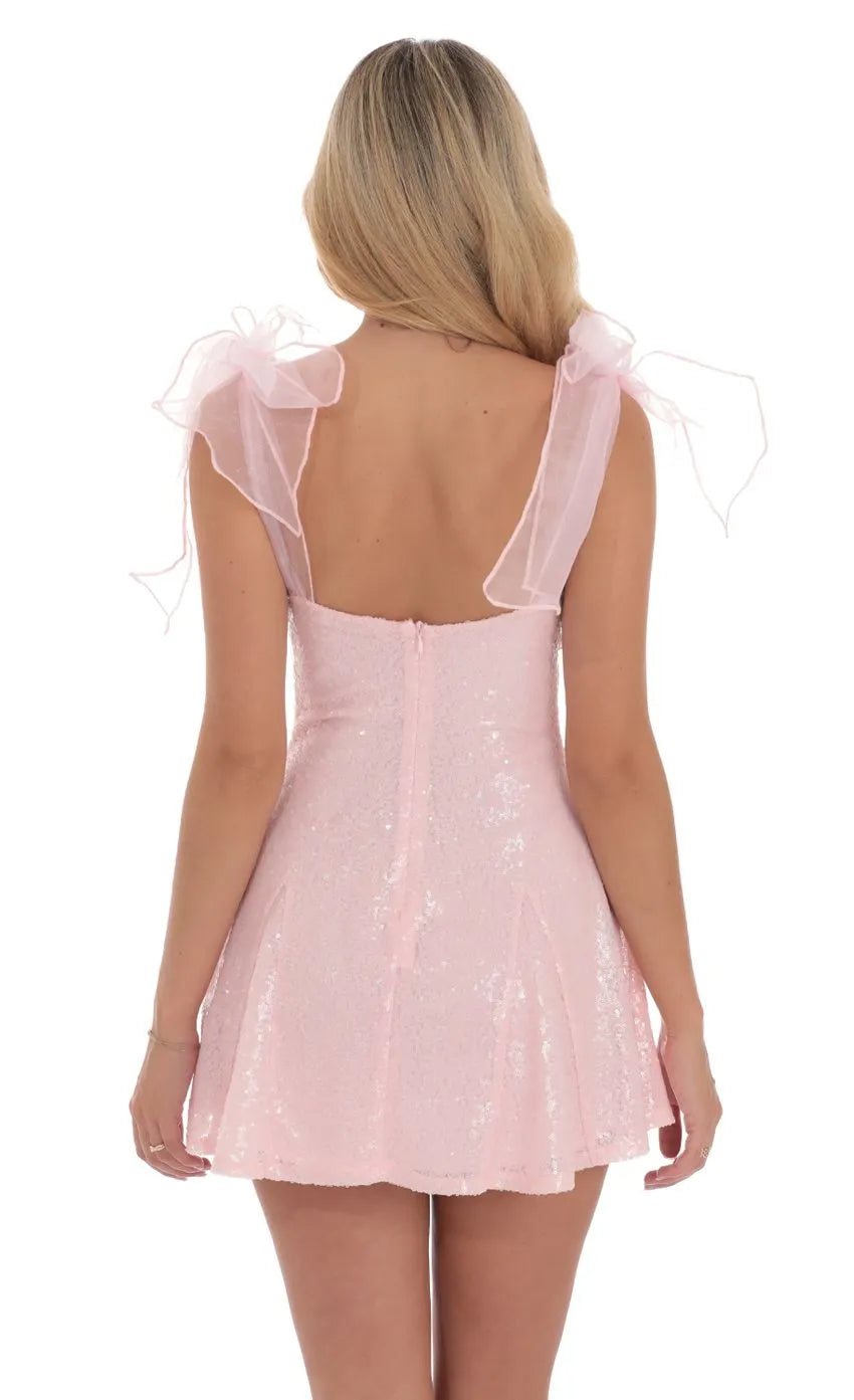 Pink Homecoming Dress Sheer Bow Straps Flared Skirt Sparkling Glam Shine Bright at School Dances with Luxe Textures