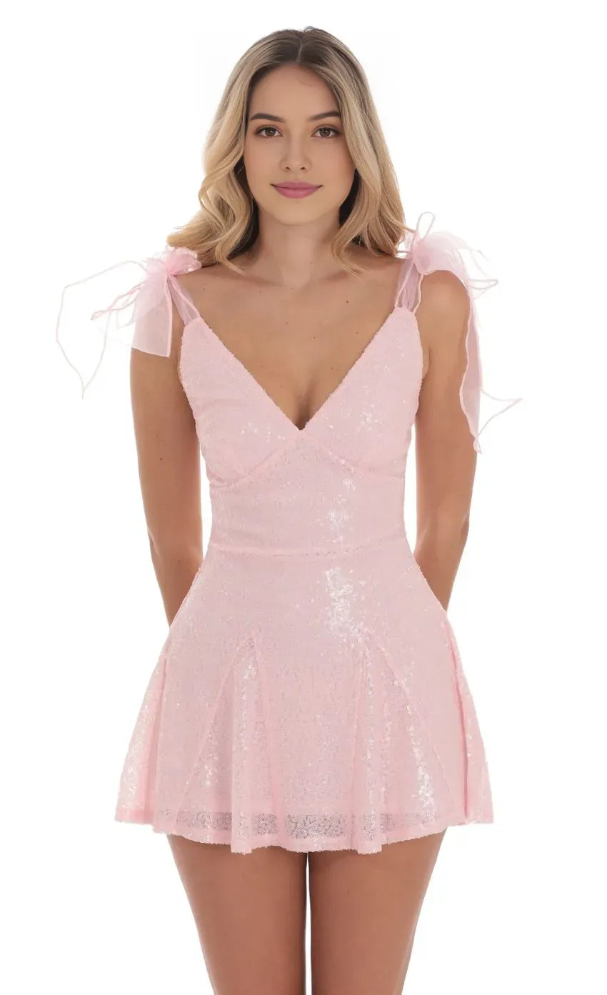 Pink Homecoming Dress Sheer Bow Straps Flared Skirt Sparkling Glam Shine Bright at School Dances with Luxe Textures