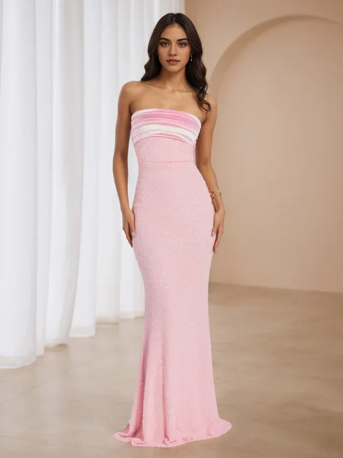 Pink Strapless Prom Dress with Striped Bodice Mermaid Silhouette Evening Gown