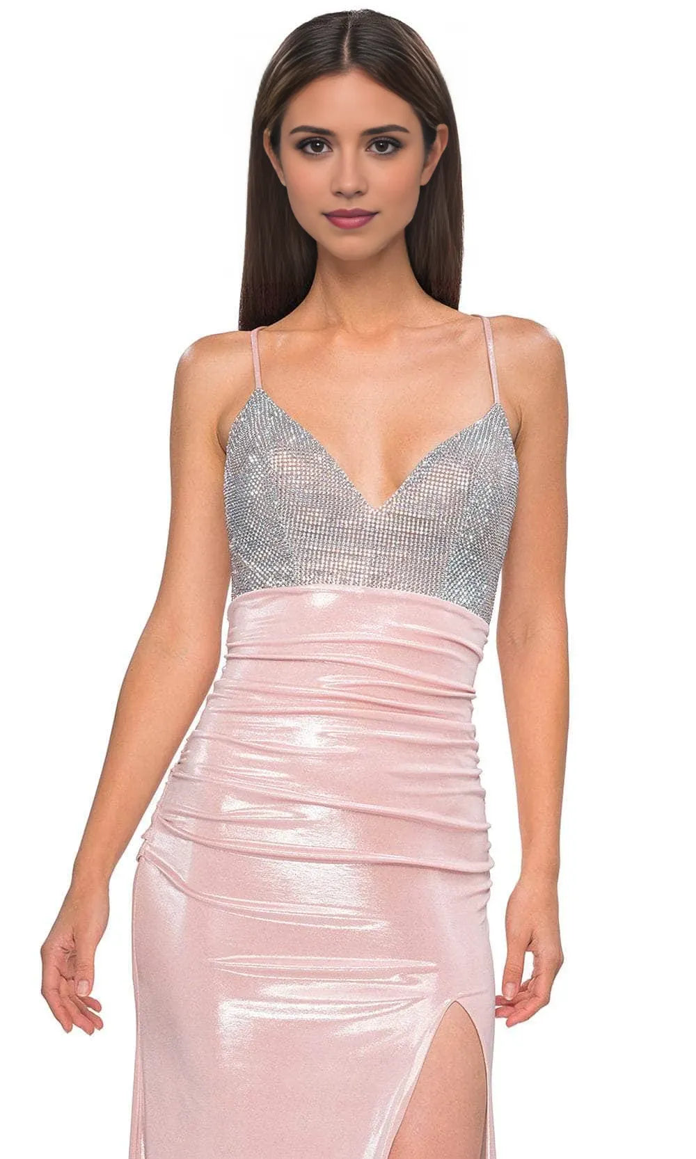 Pink Shimmer Prom Dress with V Neck Bodice and High Side Slit Ideal for Formal Evening Galas