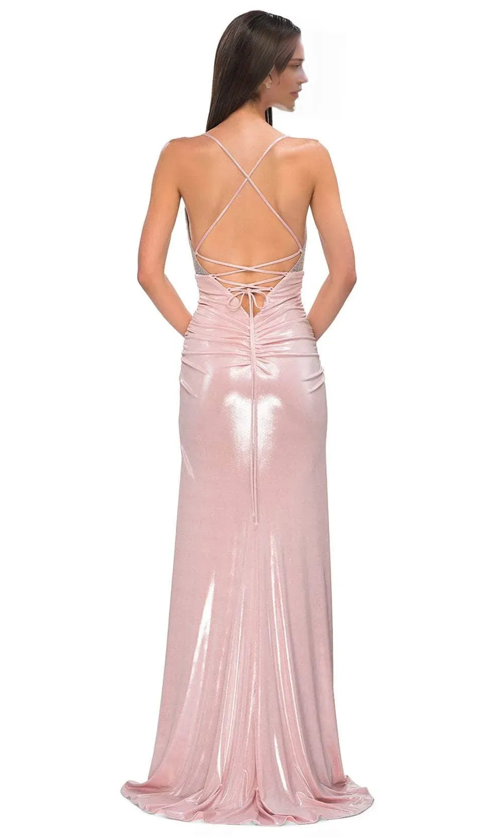 Pink Shimmer Prom Dress with V Neck Bodice and High Side Slit Ideal for Formal Evening Galas