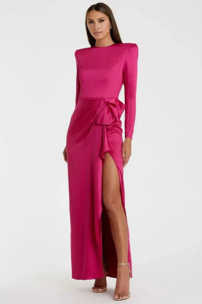 Special Occasion Sophisticated Graceful Elegant Red Satin A-Line Long Sleeve Floor-Length Prom Dress
