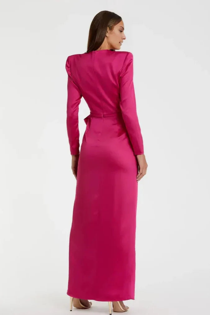 Special Occasion Sophisticated Graceful Elegant Red Satin A-Line Long Sleeve Floor-Length Prom Dress
