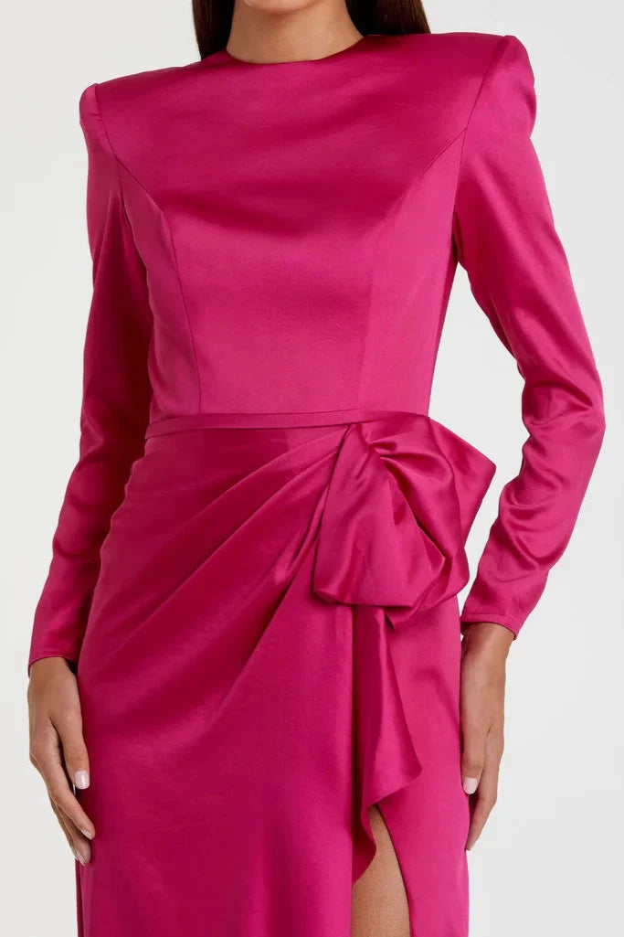 Special Occasion Sophisticated Graceful Elegant Red Satin A-Line Long Sleeve Floor-Length Prom Dress