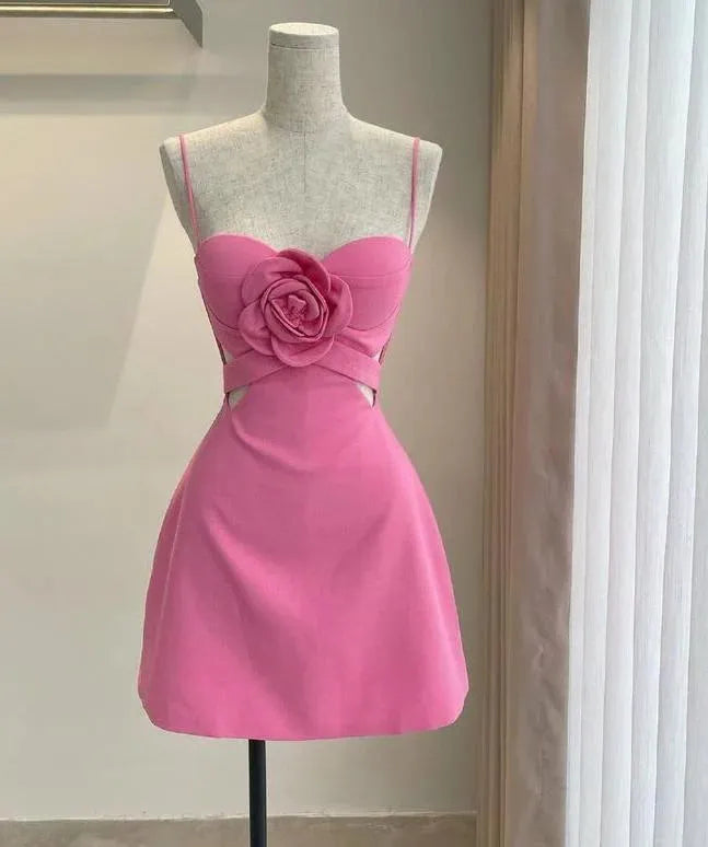 Pink Spaghetti Strap Homecoming Dress with 3D Rose Cut Out Waist and Sweetheart Neckline Romantic Trendy for School Dances