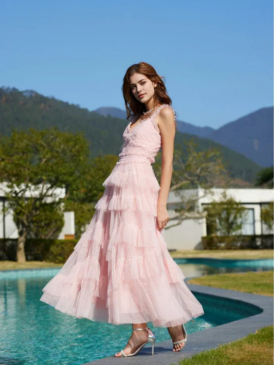 Elegant Pink A-Line V-Neck Classic-Sleeve Classic-Back Floor-Length Prom Dress