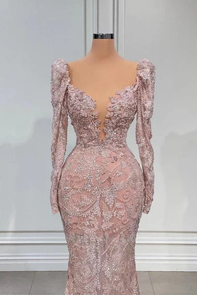 Pink V-neck Mermaid Prom Dress Evening Gowns With Long Sleeves