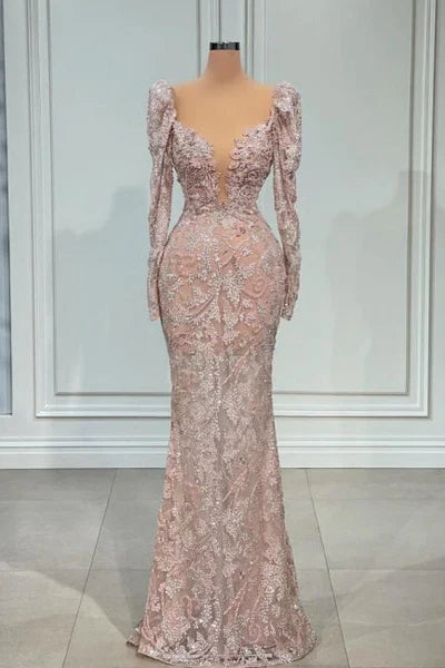 Pink V-neck Mermaid Prom Dress Evening Gowns With Long Sleeves
