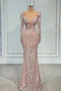 Pink V-neck Mermaid Prom Dress Evening Gowns With Long Sleeves