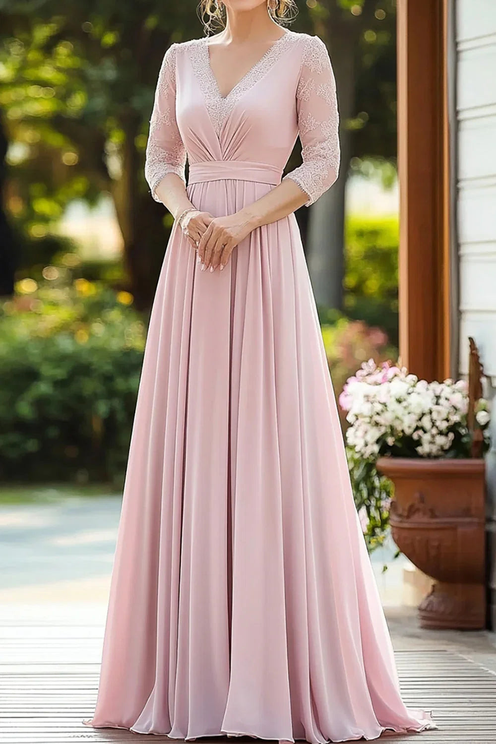 Pink V Neck A Line Mother of the Bride Dress