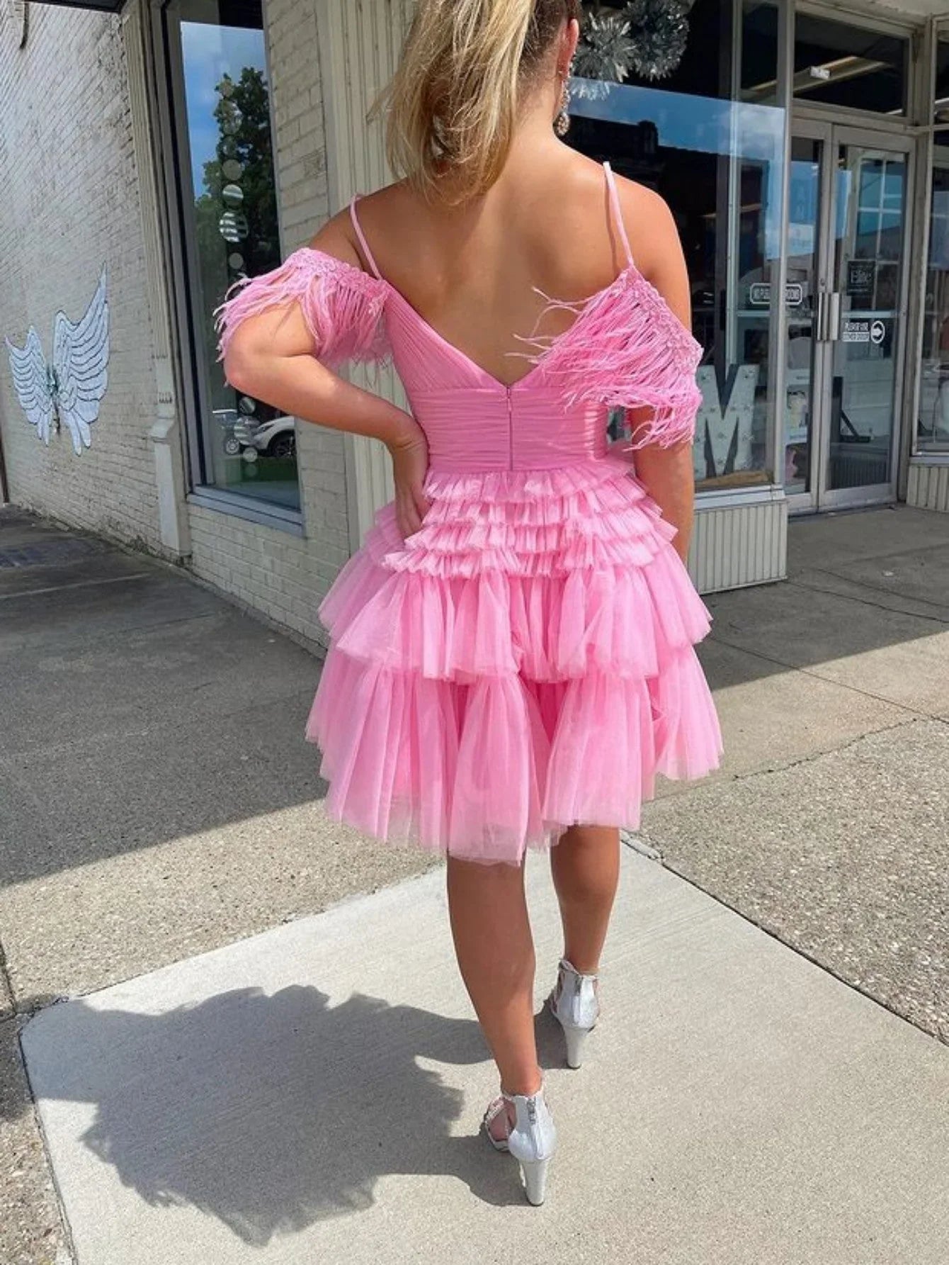 Pink Square Neck Feather Mini Homecoming Dress