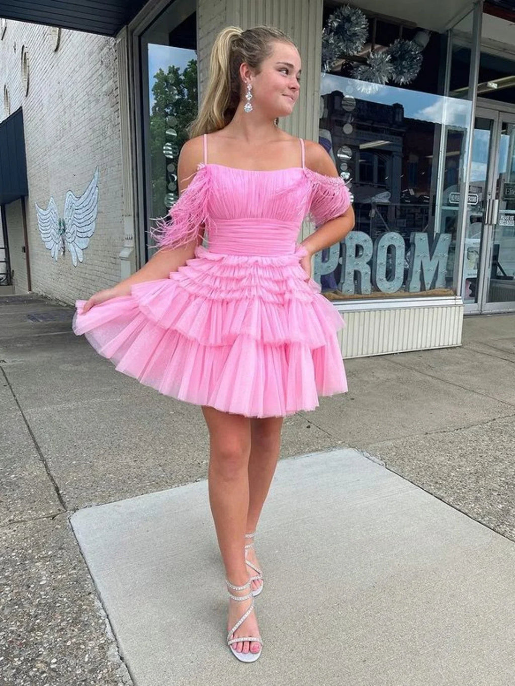 Pink Square Neck Feather Mini Homecoming Dress