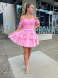 Pink Square Neck Feather Mini Homecoming Dress