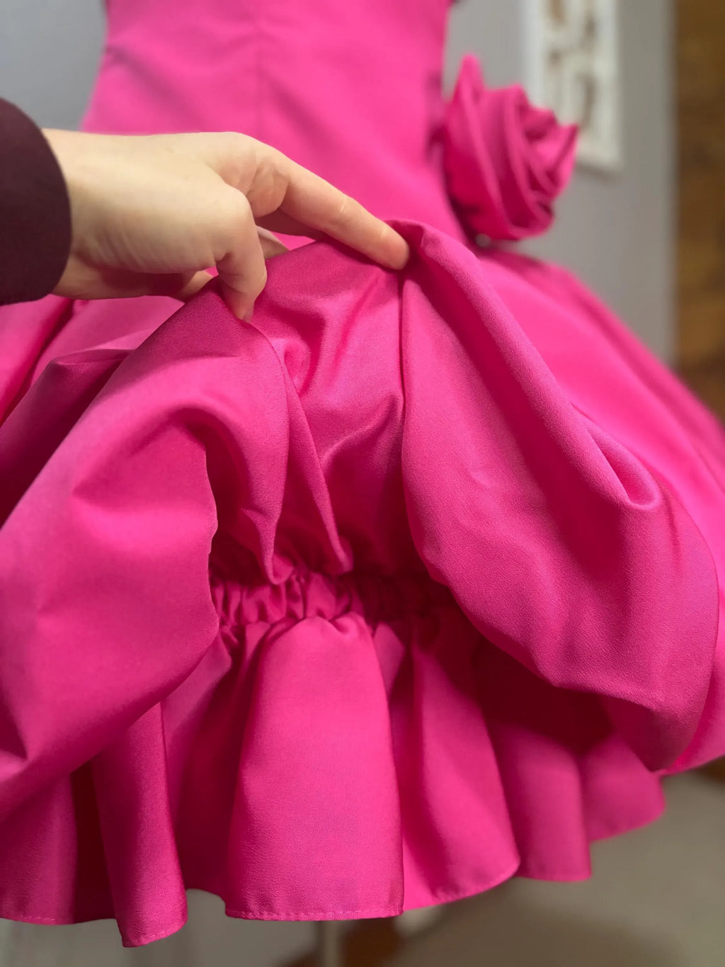 Pink V Neck Short-Sleeved Floral-Appliqued Hot Mini-Length Prom Dress