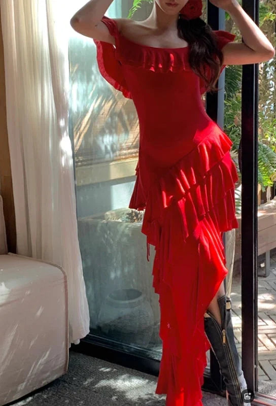 Red Sheath Off-the-Shoulder High-Low Prom Dress