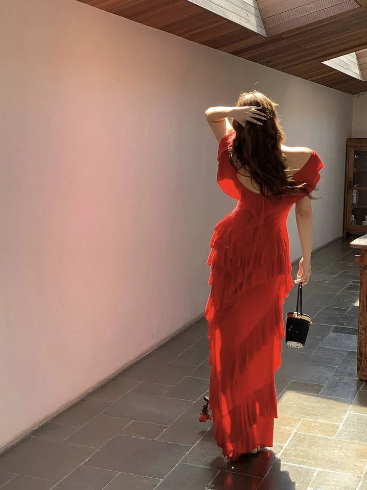 Red Sheath Off-the-Shoulder High-Low Prom Dress