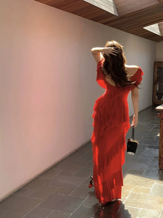Elegant Red A-Line Off-the-Shoulder Classic-Sleeve Classic-Back Floor-Length Prom Dress