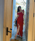 Red Sheath Off-the-Shoulder High-Low Prom Dress